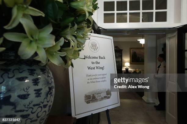 Welccome sign is seen at the entrance of the West Wing at the White House August 22, 2017 in Washington, DC. The White House has undergone a major...