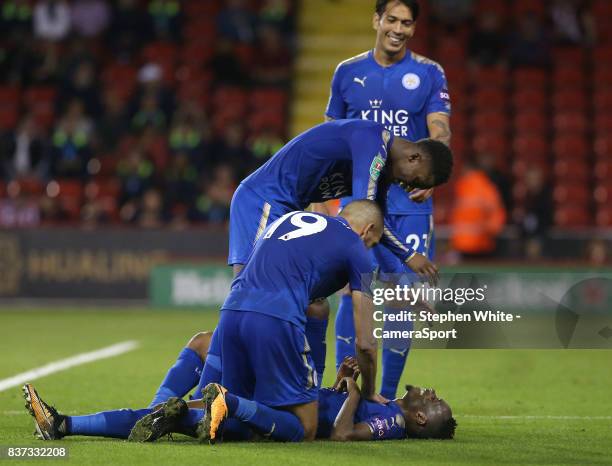 Leicester City's Ahmed Musa celebrates scoring his side's fourth goal during the Carabao Cup Second Round match between Sheffield United and...