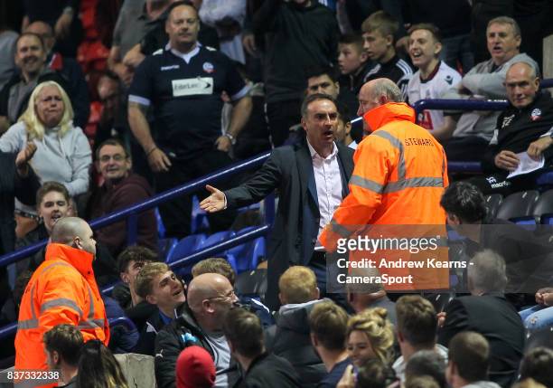 Sheffield Wednesday manager Carlos Carvalhal reacts angrily with stewards after being sent to the stands by referee David Webb during the Carabao Cup...