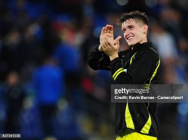Burton Albion's Ben Fox celebrates his sides win during the Carabao Cup Second Round match between Cardiff City and Burton Albion at Cardiff City...