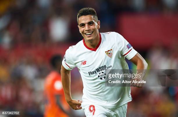 Wissam Ben Yedder of Sevilla FC celebrates after scoring during the UEFA Champions League Qualifying Play-Offs round second leg match between Sevilla...