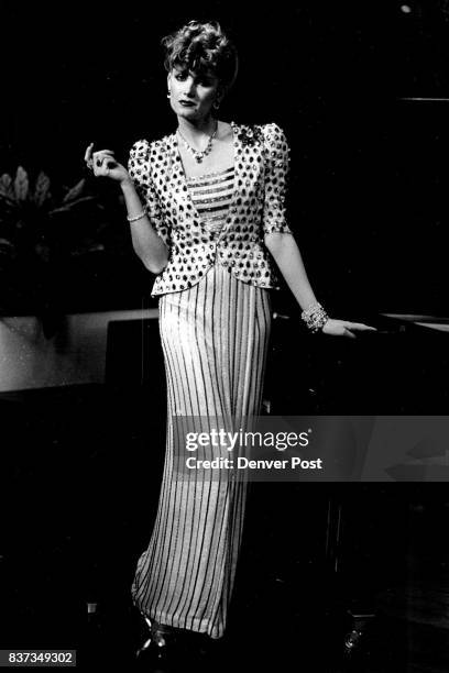 Right, hand-sewn sequins form a black-and-white zebra print for a halter-top evening dress designed for actress Sylvia Miles in the movie “Death on...