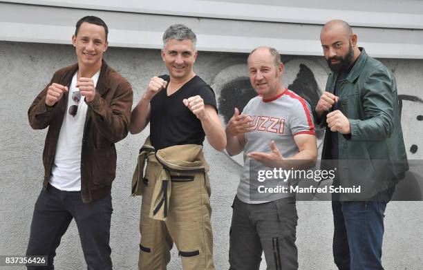 Laurence Rupp, Stefan Lukacs, Roland Dueringer and Anton Noori pose during a set visit for 'Cops' at Dusika Stadion on August 22, 2017 in Vienna,...