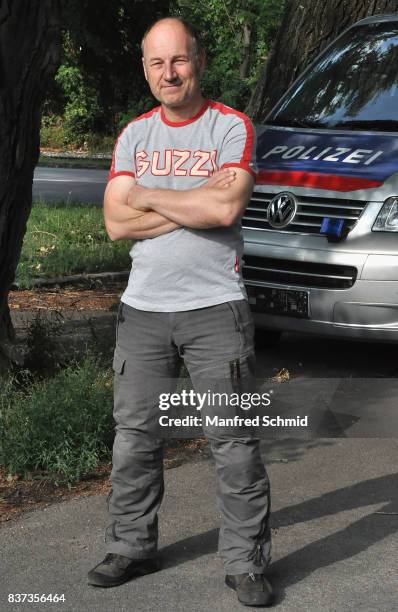 Roland Dueringer poses during a set visit for 'Cops' at Dusika Stadion on August 22, 2017 in Vienna, Austria.