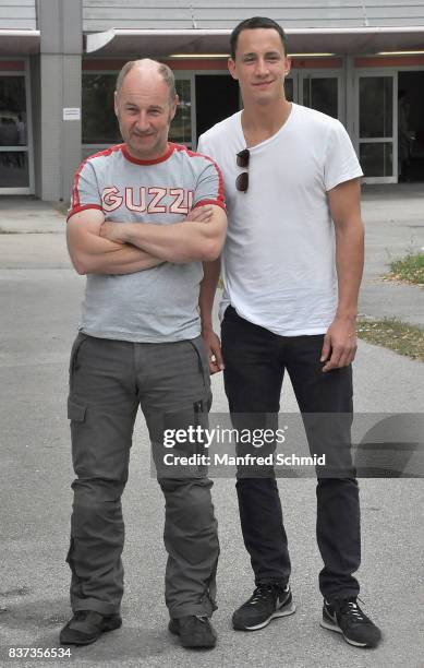 Roland Dueringer and Laurence Rupp pose during a set visit for 'Cops' at Dusika Stadion on August 22, 2017 in Vienna, Austria.