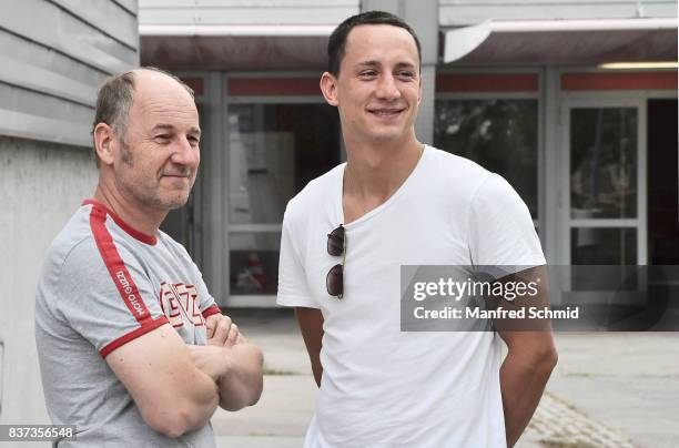 Roland Dueringer and Laurence Rupp pose during a set visit for 'Cops' at Dusika Stadion on August 22, 2017 in Vienna, Austria.