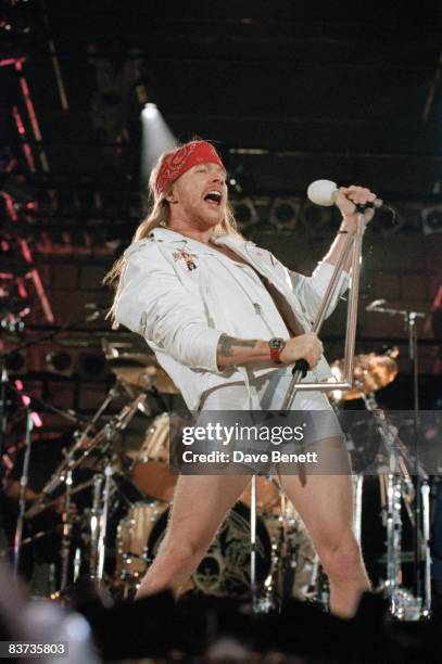 Axl Rose of Guns N' Roses performs at The Freddie Mercury Tribute Concert for AIDS Awareness at at Wembley Stadium on April 20, 1992 in London,...