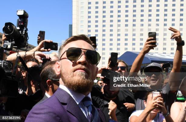 Lightweight champion Conor McGregor arrives at Toshiba Plaza on August 22, 2017 in Las Vegas, Nevada. McGregor will fight Floyd Mayweather Jr. In a...