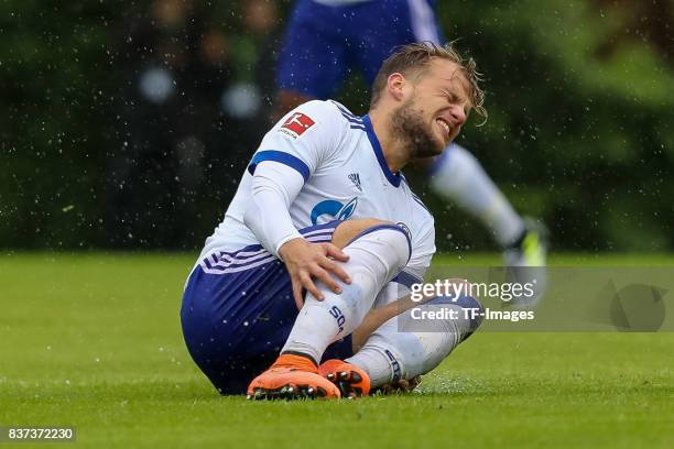 Johannes Geis of Schalke on the ground during the preseason friendly match between FC Schalke 04 and Neftchi Baku on July 26, 2017 in Neunkirchen,...