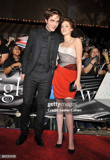 Actors Robert Pattinson and Kristen Stewart arrive at Summit Entertainment's "Twilight" World Premiere at Mann Village on November 17, 2008 in...