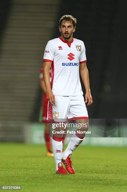 Ed Upson of Milton Keynes Dons in action d match between Milton Keynes Dons and Swansea City at StadiumMK on August 22, 2017 in Milton Keynes,...