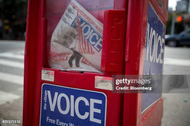 An issue of The Village Voice is seen inside a distribution box in the East Village neighborhood of New York, U.S., on Tuesday, Aug. 22, 2017. Peter...