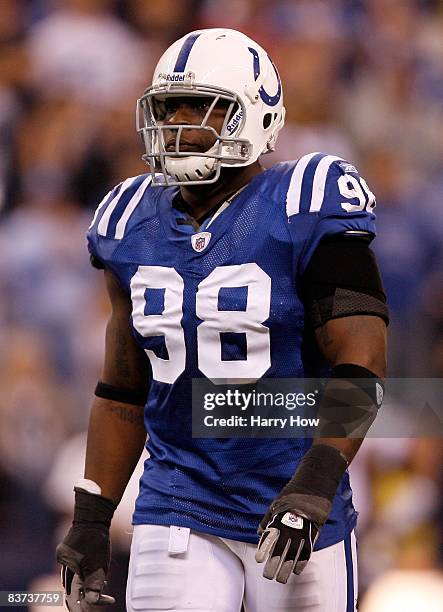 Robert Mathis of the Indianapolis Colts waits for play against the Houston Texans during the game at Lucas Oil Stadium on November 17, 2008 in...