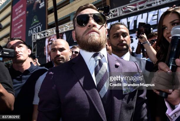 Lightweight champion Conor McGregor arrives at the Toshiba Plaza outside T-Mobile Arena ahead of their fight on August 22, 2017 in Las Vegas, Nevada.