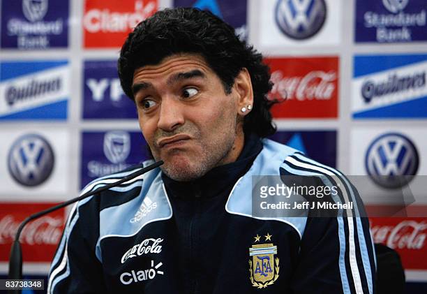 Diego Maradona, recently appointed head coach of Argentina, talks with the media at the Radissin Hotel ahead of their international friendly match...
