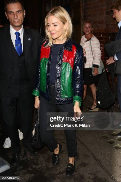 Sienna Miller leaving the Apollo Theatre after her performance in "Cat on a Hot Tin Roof" on August 22, 2017 in London, England.