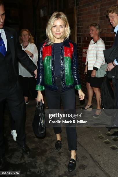 Sienna Miller leaving the Apollo Theatre after her performance in "Cat on a Hot Tin Roof" on August 22, 2017 in London, England.