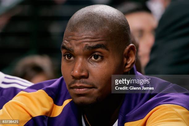 Andrew Bynum of the Los Angeles Lakers sits on the bench during the game against the Dallas Mavericks on November 11, 2008 at American Airlines...