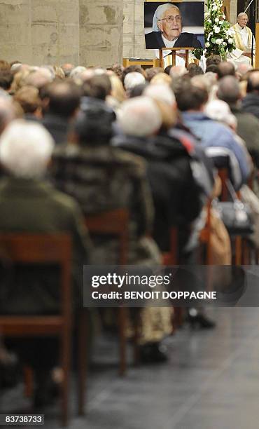 People gather at the Cathedrale Saint Michel et Gudule in Brussels, on November 18 to pay a tribute to Sister Emmanuelle who was born in Brussels on...