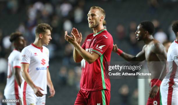 Mike van der Hoorn of Swansea City after the final whistle of the Carabao Cup Second Round match between MK Dons and Swansea City at StadiumMK on...