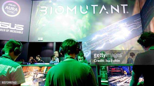 Gaming enthusiasts try out the virtual reality game 'Biomutant' at the Gamescom 2017 gaming trade fair on August 22, 2017 in Cologne, Germany....