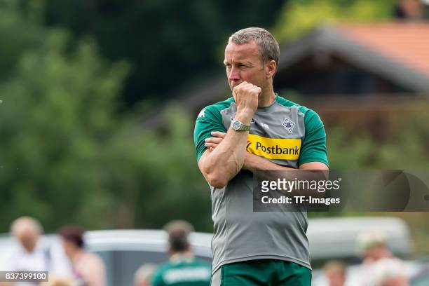 Co-coach Frank Geideck of Borussia Moenchengladbach looks on during a training session at the Training Camp of Borussia Moenchengladbach on July 18,...