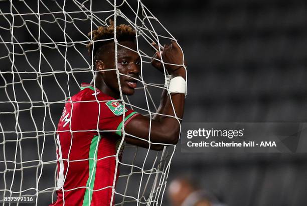 Tammy Abraham of Swansea City leans on the net during the Carabao Cup Second Round match between Milton Keynes Dons and Swansea City at StadiumMK on...