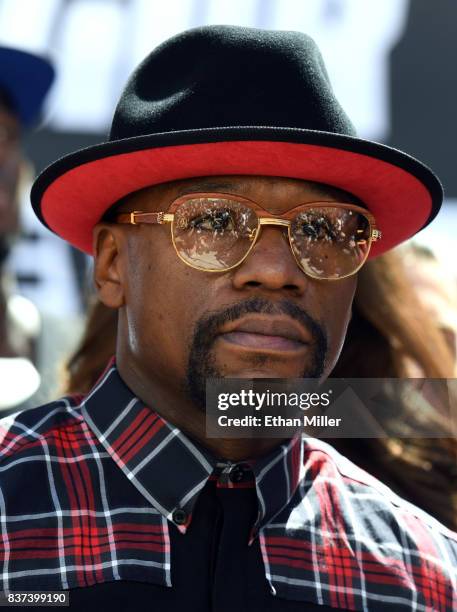 Floyd Mayweather Jr. Arrives at Toshiba Plaza on August 22, 2017 in Las Vegas, Nevada. Mayweather will fight UFC lightweight champion Conor McGregor...