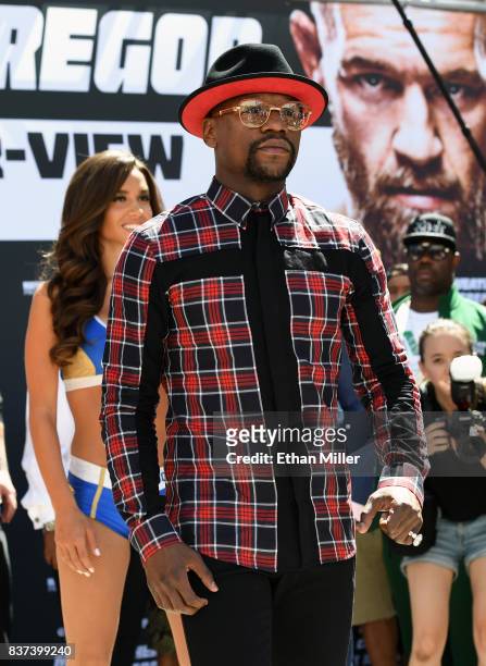 Floyd Mayweather Jr. Arrives at Toshiba Plaza on August 22, 2017 in Las Vegas, Nevada. Mayweather will fight UFC lightweight champion Conor McGregor...