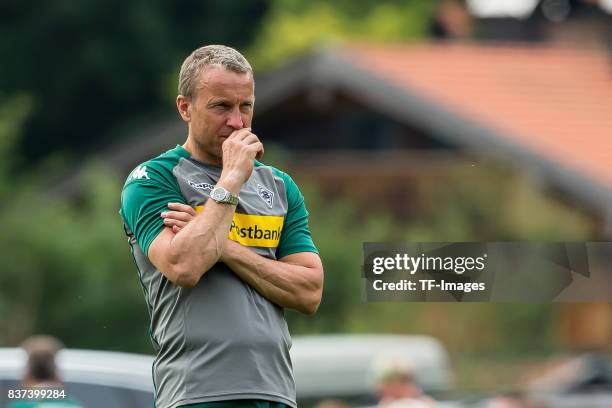 Co-coach Frank Geideck of Borussia Moenchengladbach looks on during a training session at the Training Camp of Borussia Moenchengladbach on July 18,...