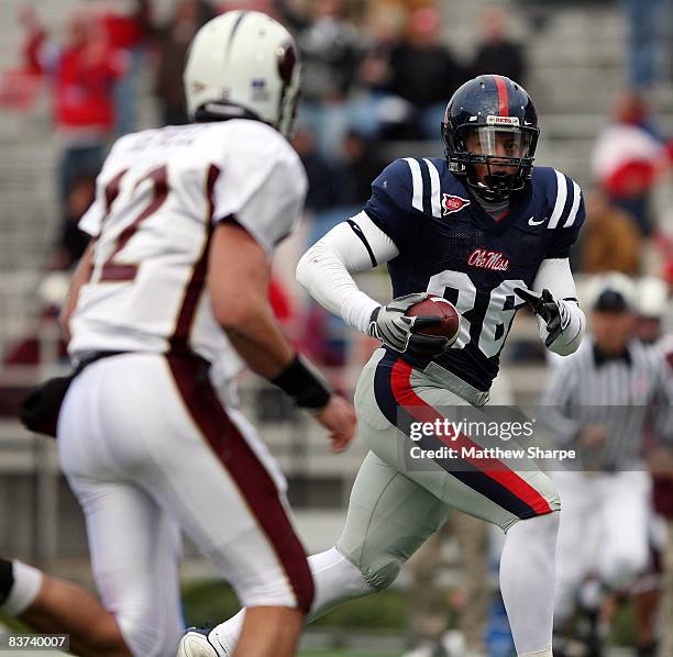 Greg Hardy of the Ole Miss Rebels intercepts a pass by the Louisiana-Monroe Warhawks during their game at Vaught-Hemingway Stadium on November 15,...