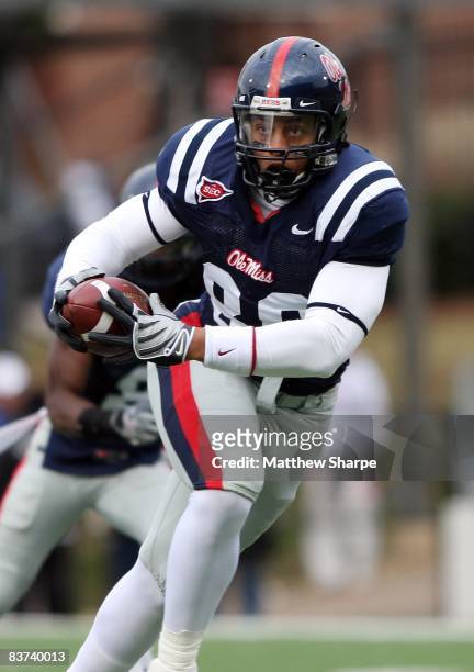 Greg Hardy of the Ole Miss Rebels intercepts a pass by the Louisiana-Monroe Warhawks during their game at Vaught-Hemingway Stadium on November 15,...