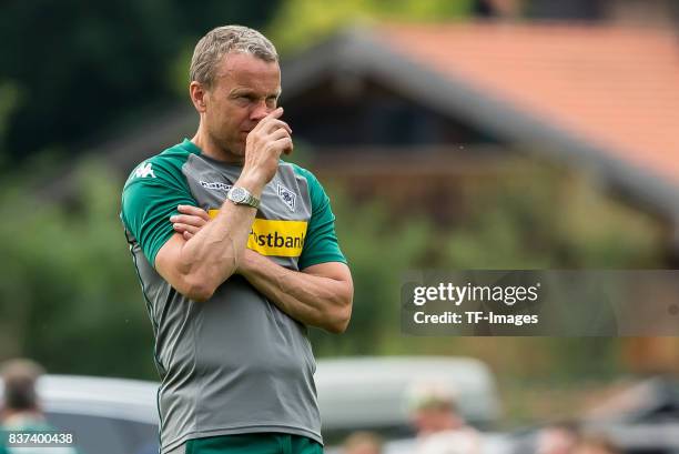 Co-coach Frank Geideck of Borussia Moenchengladbach looks on during a training session at the Training Camp of Borussia Moenchengladbach on July 18,...