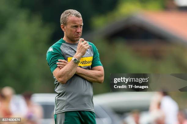 Co-coach Frank Geideck of Borussia Moenchengladbach looks on during a training session at the Training Camp of Borussia Moenchengladbach on July 18,...