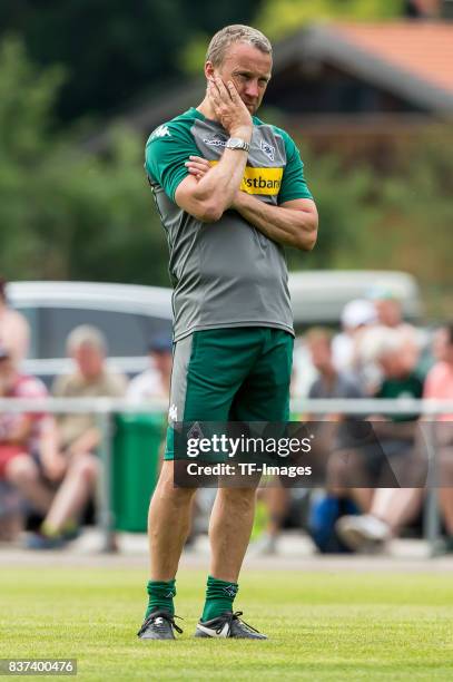 Co-coach Frank Geideck of Borussia Moenchengladbach looks on during a training session at the Training Camp of Borussia Moenchengladbach on July 18,...