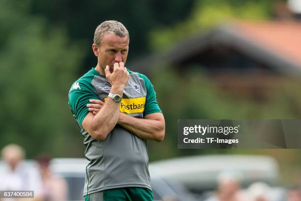 Co-coach Frank Geideck of Borussia Moenchengladbach looks on during a training session at the Training Camp of Borussia Moenchengladbach on July 18,...