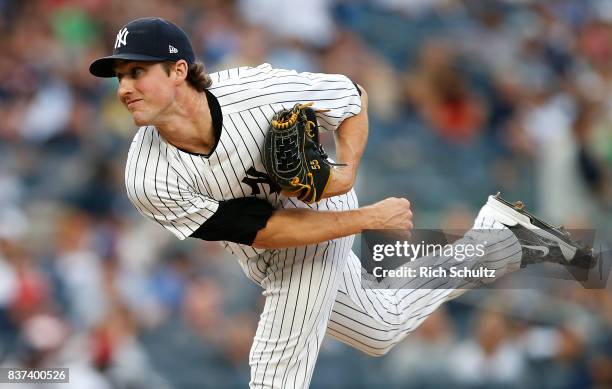 Bryan Mitchell of the New York Yankees in action against the Boston Red Sox during a game at Yankee Stadium on August 12, 2017 in the Bronx borough...