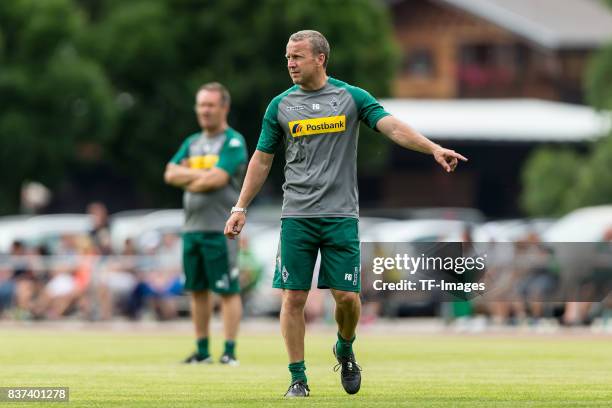 Co-coach Frank Geideck of Borussia Moenchengladbach gestures during a training session at the Training Camp of Borussia Moenchengladbach on July 18,...