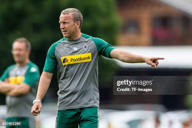 Co-coach Frank Geideck of Borussia Moenchengladbach gestures during a training session at the Training Camp of Borussia Moenchengladbach on July 18,...