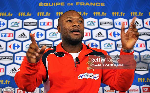 France national football team's defender William Gallas gestures during a press conference prior to a training session, on November 18, 2008 in...