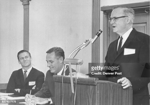 Price Daniel Addresses Federal And State Officials At left is Endicott Peabody, assistant director of the Office of Emergency Planning, seated next...