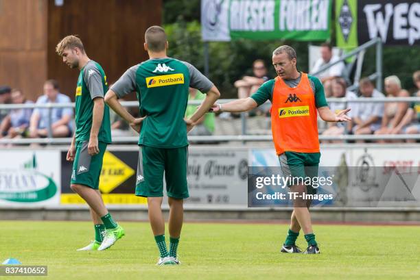 Co-coach Frank Geideck of Borussia Moenchengladbach gestures during a training session at the Training Camp of Borussia Moenchengladbach on July 19,...