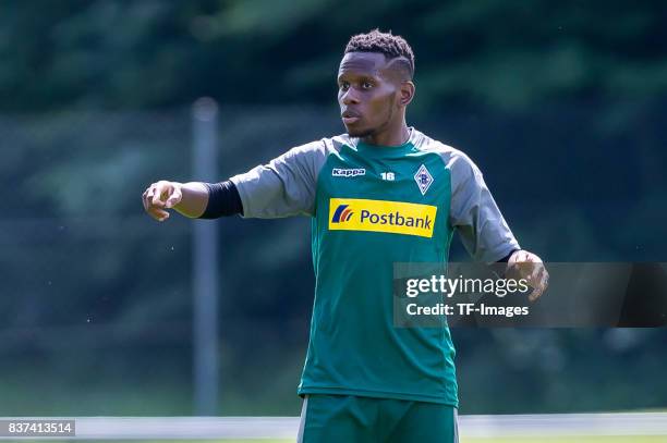 Ibrahima Traore of Borussia Moenchengladbach gestures during a training session at the Training Camp of Borussia Moenchengladbach on July 19, 2017 in...