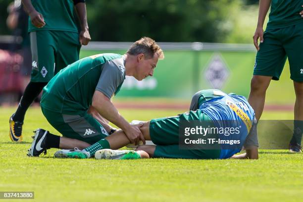 Laszlo Benes of Borussia Moenchengladbach on the ground during a training session at the Training Camp of Borussia Moenchengladbach on July 19, 2017...