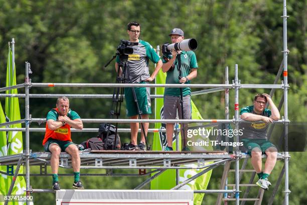 Co-coach Frank Geideck of Borussia Moenchengladbach and Max Eberl of Borussia Moenchengladbach looks on during a training session at the Training...