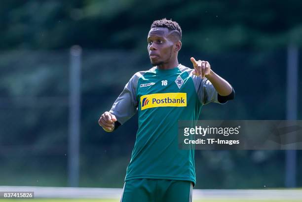 Ibrahima Traore of Borussia Moenchengladbach gestures during a training session at the Training Camp of Borussia Moenchengladbach on July 19, 2017 in...