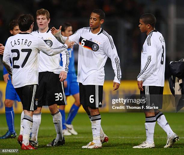 Gonzalo Castro, Toni Kroos, Dennis Aogo and Chinedu Ede of Germany celebrate after the men's U21 international friendly match between Germany and...