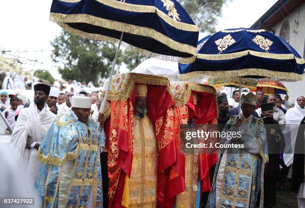 Priests carrying the Tabot, a representation of the Ark of the Covenant lead followers of the Ethiopian Orthodox Tewehedo faith in a procession from...