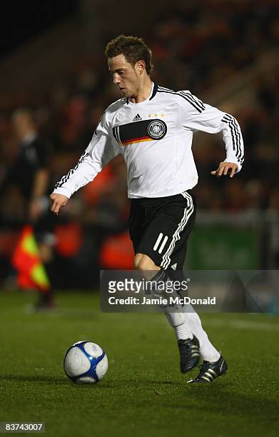 Fabian Backer of Germany in action of England during the match between England U19 and Germany U19 at the Weston Homes Community Stadium on November...