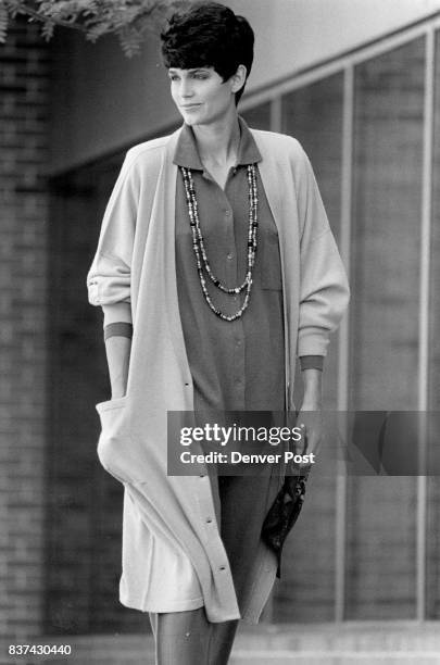 Nancy Heller Cashmere Swe-ter coat, $495; shirt, $305; pants, 335 modeled by Beth Ferrier. Trunk show July 24, 25. Credit: The Denver Post